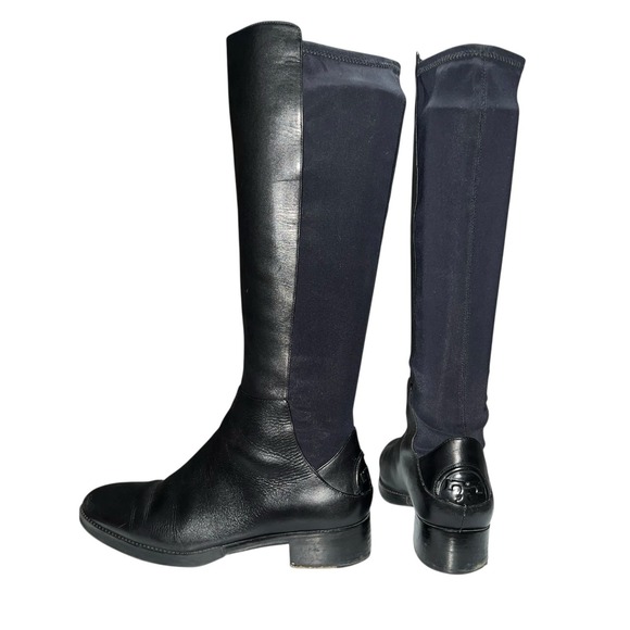 Tory Burch Womens 9.5 Caitlin Riding Boots Knee High Leather Black‎ Logo Pull On